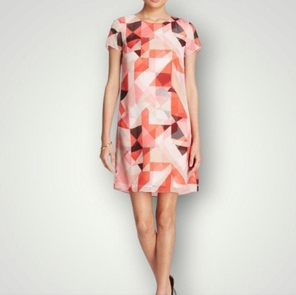 Vince Camuto Geometric Print Red and Pink Dress - 4 - Picture 1 of 6